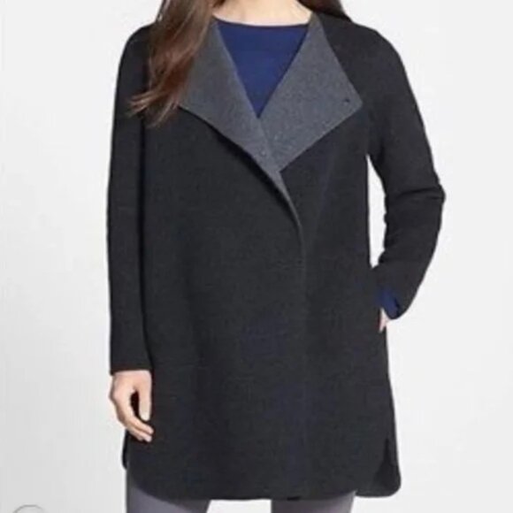 Vince Asymmetrical Draped Two-Tone Wool Coat | Charcoal Heather Grey Extra Small - Picture 7 of 16